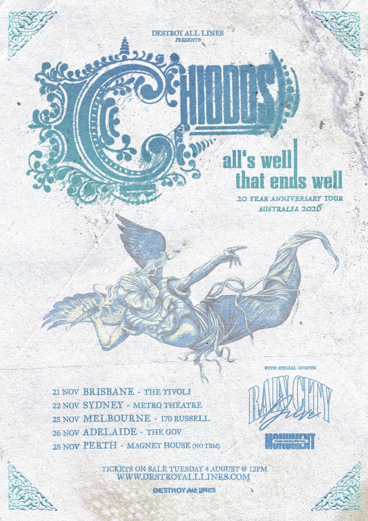 Chiodos tour poster for All's Well That Ends Well 20 Year Anniversary Australian tour 2026 with an winged figure and tour dates.
